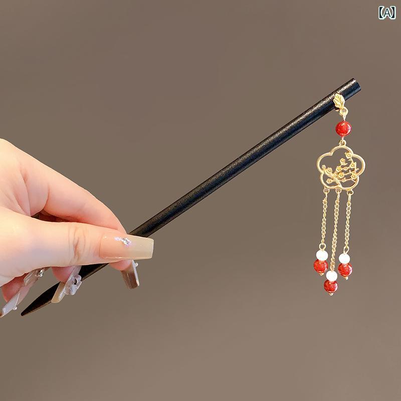 レディース タッセル アクセサリー かんざし ヘア 百歳 長寿 ロック ヘアピン 中華風 アップ 木製 意味 金箔 ステップ シェイク