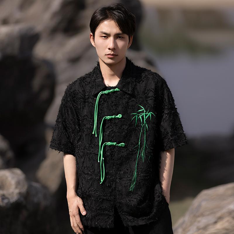 シャツ トップス シャツ メンズ チャイニーズ スタイル 夏 対照的 カラー ボタン 半袖 チュニック スーツ 唐装 服