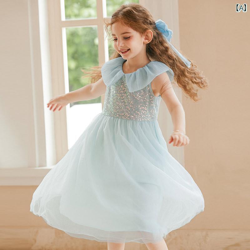ドレス スカート キッズ ワンピース おしゃれ かわいい 女の子 子供服 サマー プリンセス 花びら 襟 スパンコール ふくらんいる メッシュ|セキュアデポ