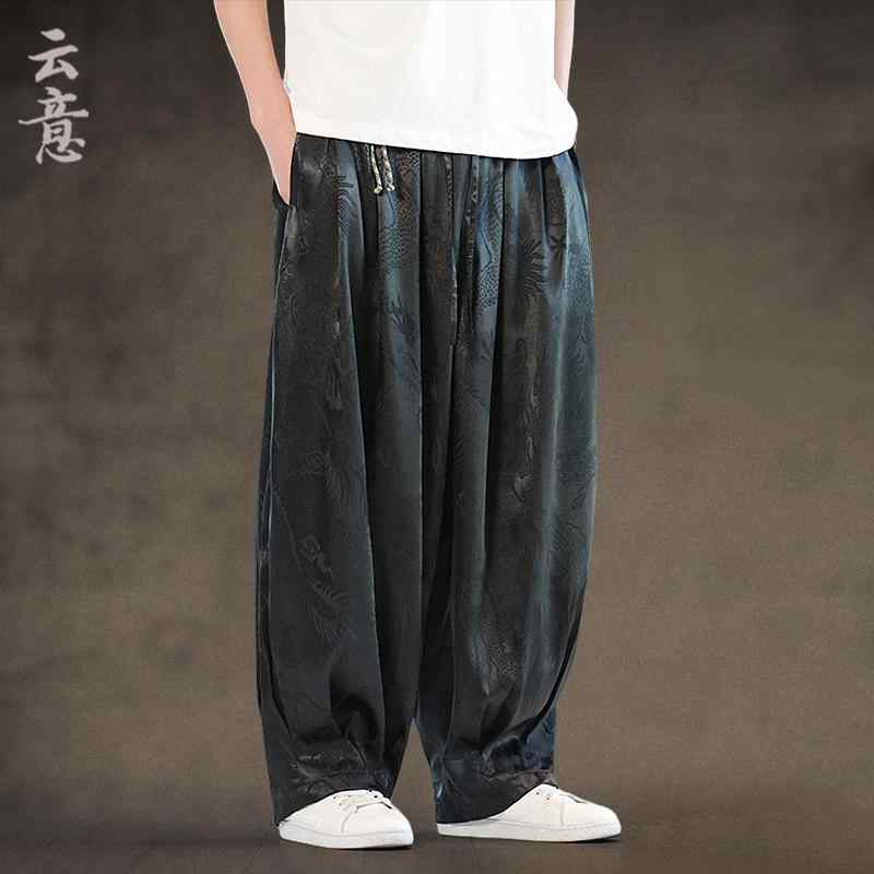 パンツ メンズ ズボン ゆったり カジュアル 快適 中華風 サテン ジャカード 男性用 ワイド レッグ ゆったり 大きいサイズ レトロ 瞑想 太い