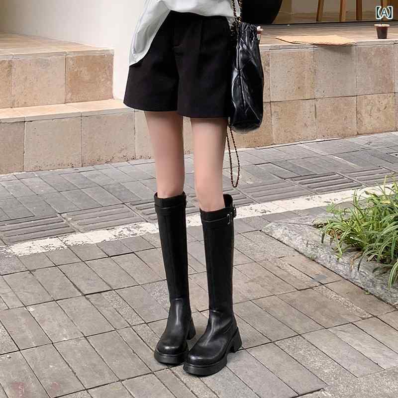 レディース ロングブーツ タイトフィット シンプル おしゃれ スタイルアップ 秋冬 厚底 ナイト ブーツ 女性用 革 ラウンドトゥ 高め 膝下 スリム ハイ