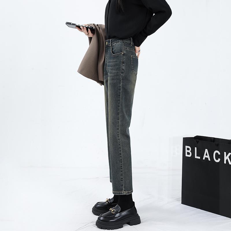 パンツ デニムパンツ レディース スタイリッシュ 女性 ハイウエスト ストレート レッグ ジーンズ 秋 ハイウエスト スリムフィット プチ 九分丈 パイプ