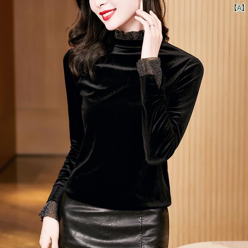 レディース トップス 上品 スタイリッシュ ファッション 韓国 黒 ベルベット ハーフ タートルネック レイヤリング シャツ 女性 春秋 メッシュ インナー 10,795円