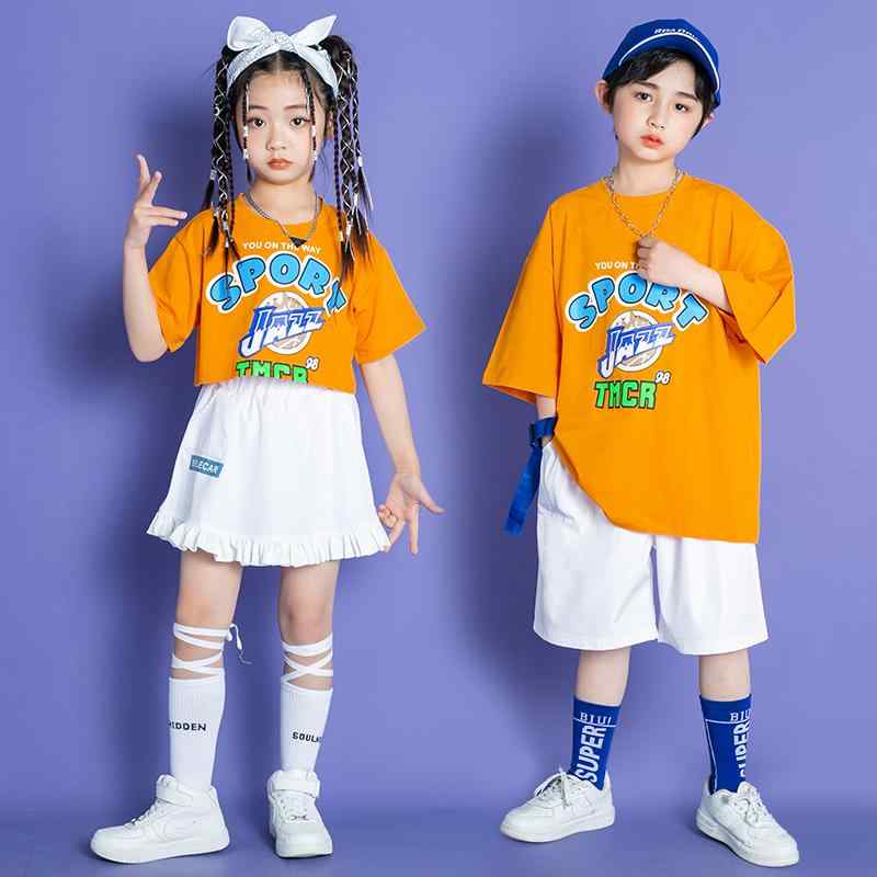 キッズ 子供服 ダンス 衣装 セット 半袖 オレンジ 韓国 ヒップホップ ストリート ステージ パフォーマンス チア イベント フェス レジャー アウトドア スポーツ 体操 普段使い使い