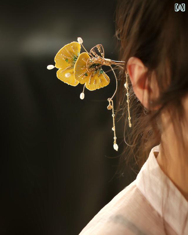 かんざし ヘアピン 髪飾り 和 刺繍 布 秋 イチョウ 葉 銀杏 枯れ葉 アップ ヘア アクセサリー レトロ 漢服 和 チャイナ レディース レトロ ビーズ パール ゴールド チャーム