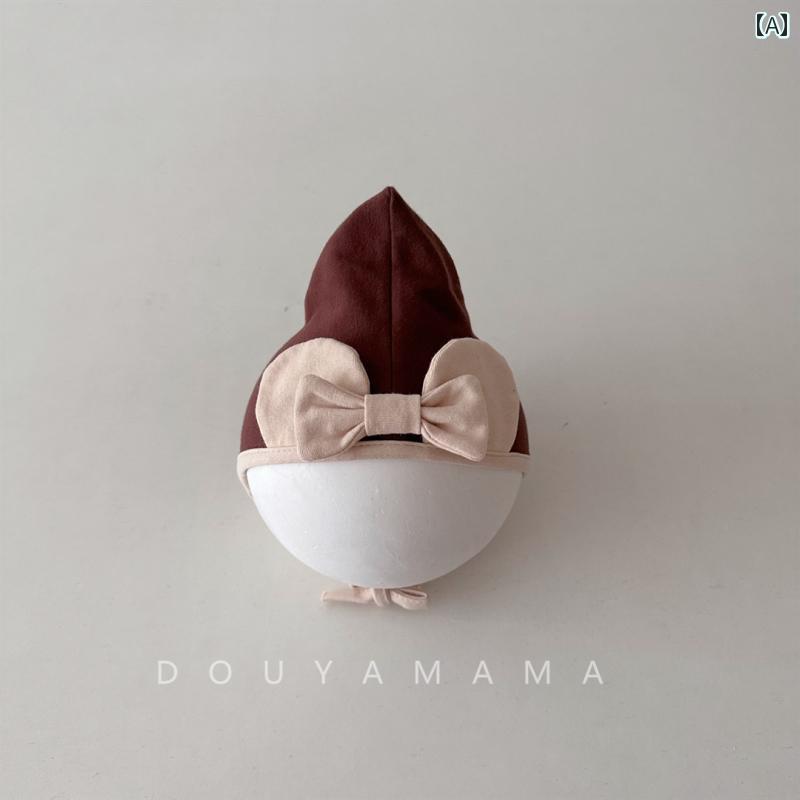春秋 レースアップ ベビー 帽子 女の子 赤ちゃん エルフ かわいい リボン テクター 耳保護 フェイスカバー