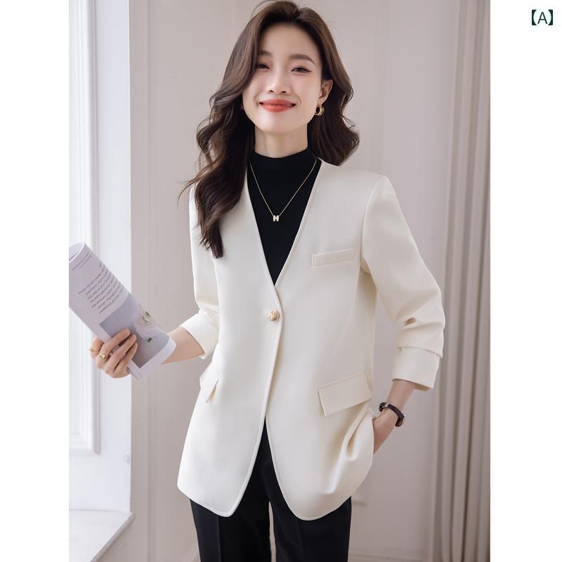 レディース ノーカラー 白 ジャケット 春秋 Vネック トップス 韓国 カジュアル  ボタン1つ 長袖 ポケット アウター レディース
