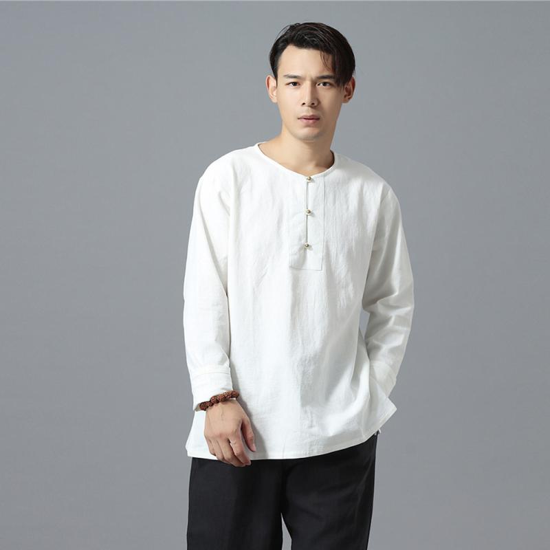 シャツ メンズ 春秋 カジュアル 長袖 中華風 レトロ 綿 リネン 無地 トップス リネン T