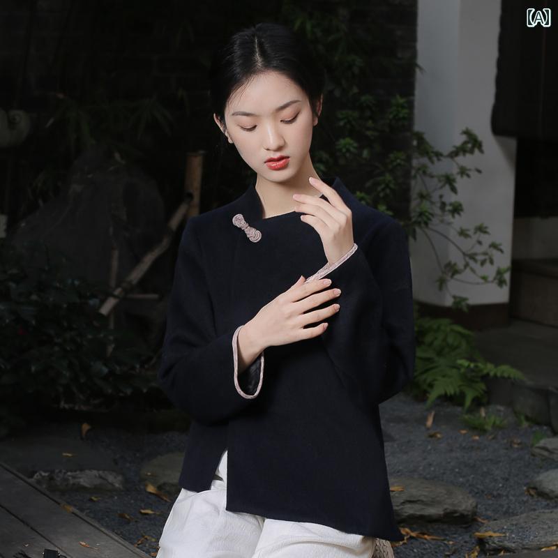 レディース アウター ネイビー チャイナ風 唐装 秋冬 大人 中国 瞑想茶師服 秋冬 チャイナドレス