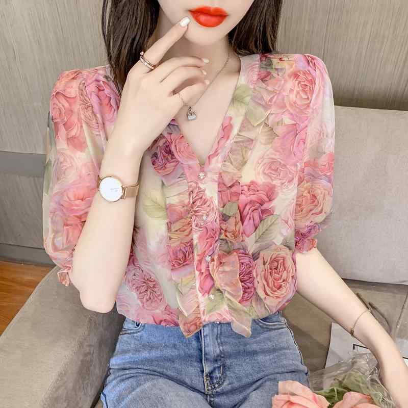 ブラウス シフォン レデイー ス ファッション トップス 夏 半袖 ウエスタン 薄手 花 プリント Vネック シャツ ブラウス プルオーバー 華やか エレガント おしゃれ