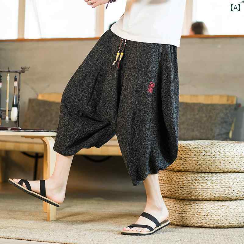 メンズ クロップドパンツ 夏 ゆったり ワイド パンツ チャイナ風 大きめサイズ ストレート カジュアル ショーツ 刺繍 キャロット パンツ