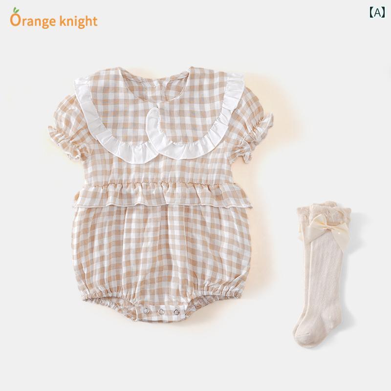ロンパース ベビー服 新生児 夏用 ジャンプ スーツ かわいい 赤ちゃん 薄手 ハーネス 夏 女の子 チェック柄 韓国 スタイル 三角 人形 首輪 夏服