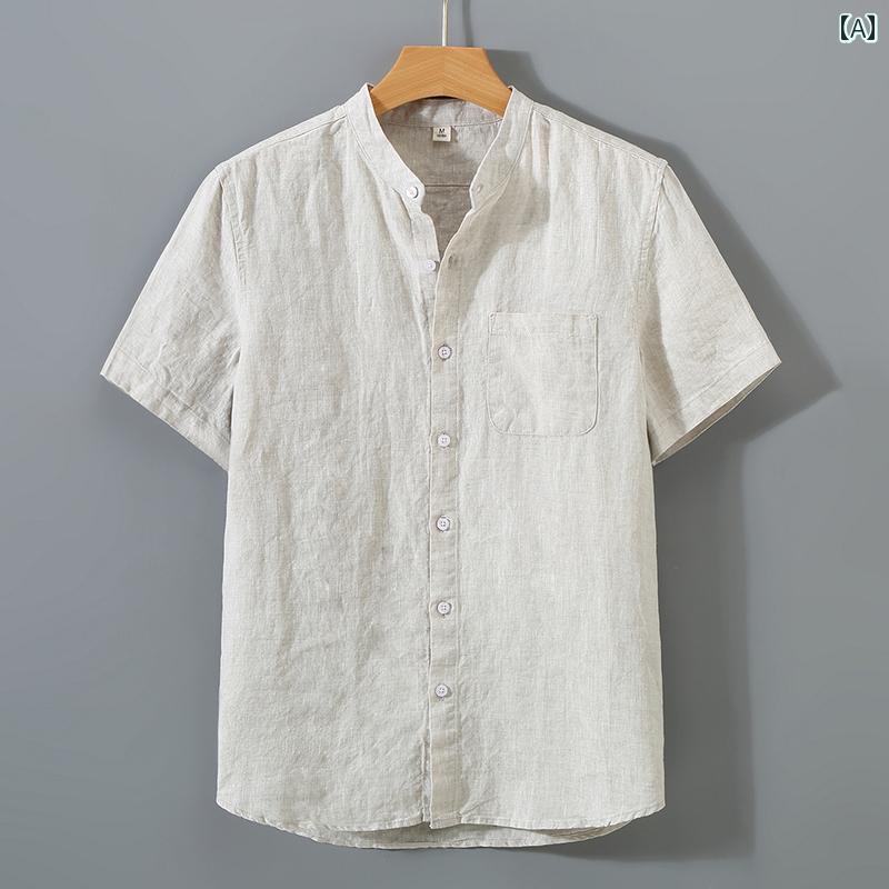 メンズ 夏 素材 トップス チャイナ シャツ サマー 中華風 ハイエンド リネン 半袖 アジア スタンドカラー 6,449円