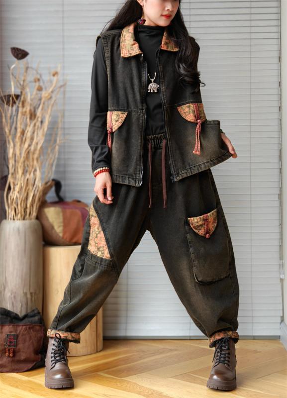 春 レディース 上下2点セット レトロ チャイナ パッチワーク スーツ 春 フライド カラー チョッキ パンツ デニム ベスト