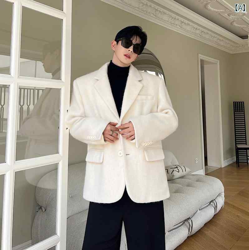 メンズ ジャケット トップス feng ピンク ウール 秋冬 厚手 韓国 肩 パッド 優しい スーツ