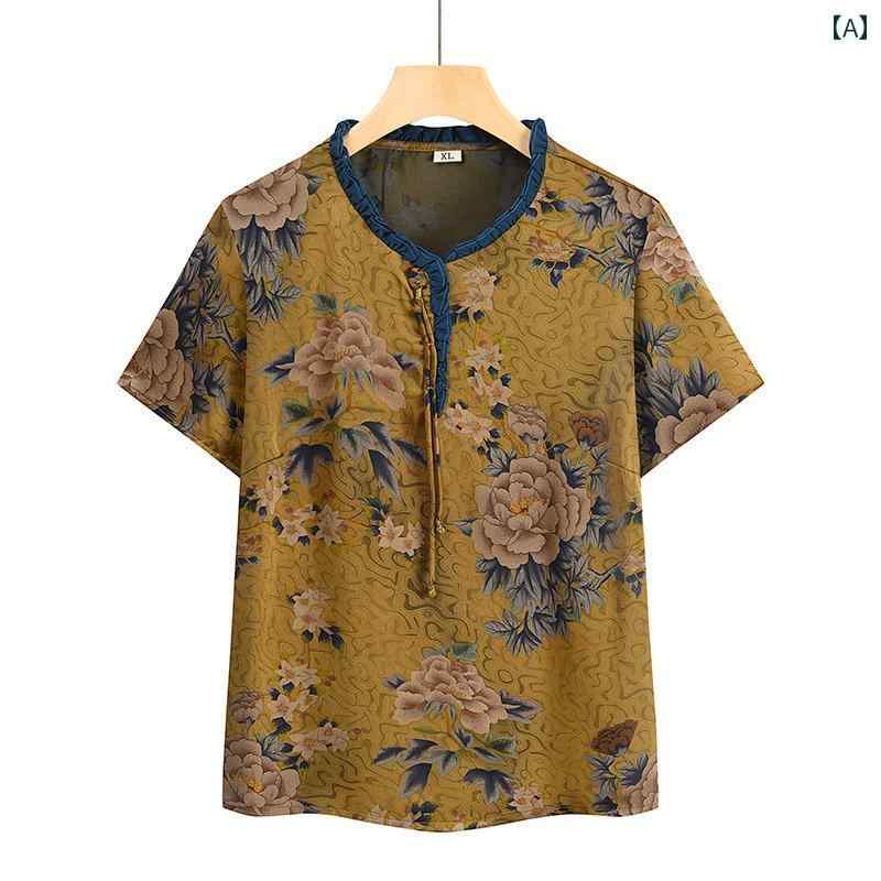 婦人服 夏 半袖 トップス おばあちゃん プリント Tシャツ 花柄 レディース シニア ファッション ゆったり プルオーバー 薄手 大きめサイズ カジュアル
