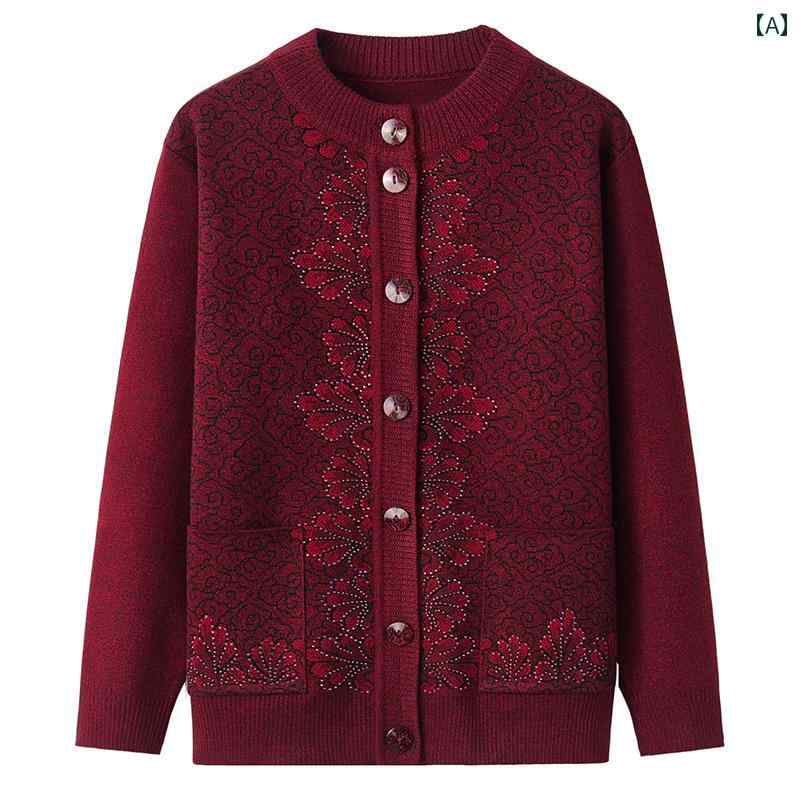 婦人服 おばあちゃん セーター 厚手 カーディガン 起毛 ママ 秋冬服 レディース 暖かい トップス 上着 妻 落ち着いた 花柄 フロント ボタン リブ ニット 羽織 中国 中華