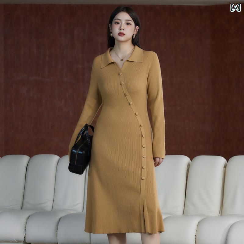 レディース 大きめサイズ 婦人服 ワンピース ドレス カジュアル シンプル 普段使い おしゃれ ぽっちゃり体型 ゆったり 冬 ウール タイト