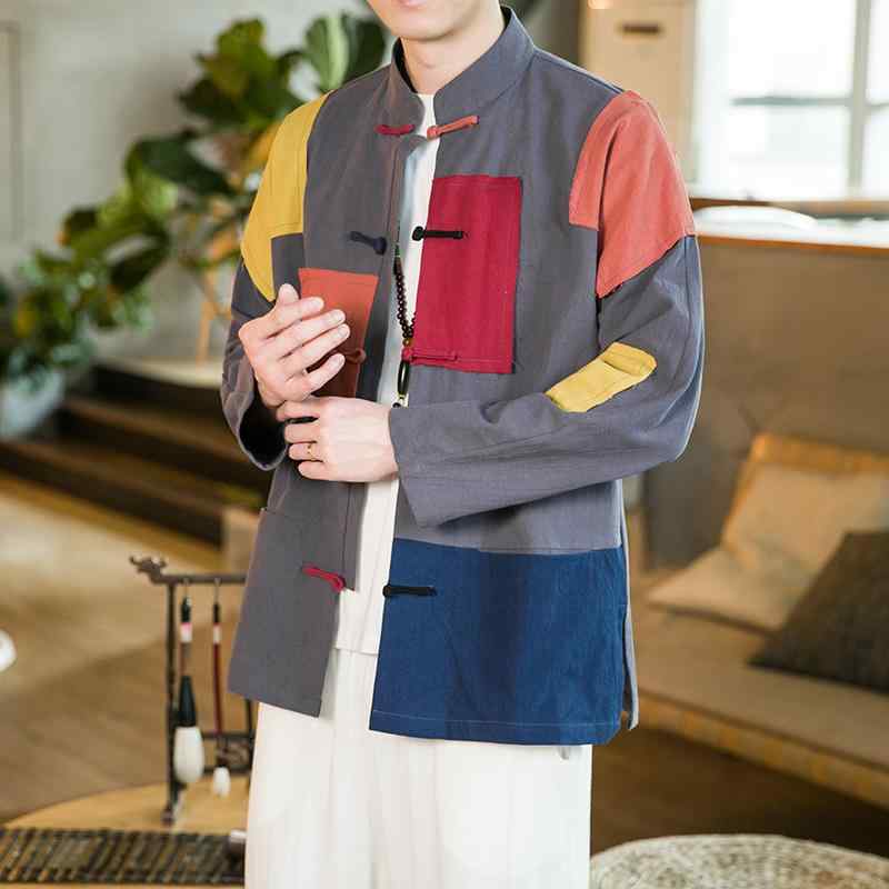 ジャケット メンズ コットン 春 夏 長袖 中華風 ファッション 漢服 レトロ 衣装 スプライシング リネン チュニック スーツ 唐 スーツ
