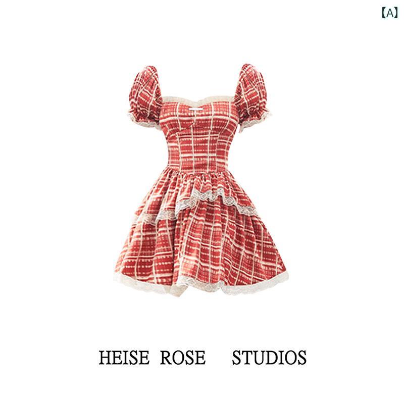 レディース 夏 サマー ワンピース 大人かわいい 赤い チェック柄 レース ガールズ スカート 女性 ウエスト スリム ドレス プリンセス チュチュ