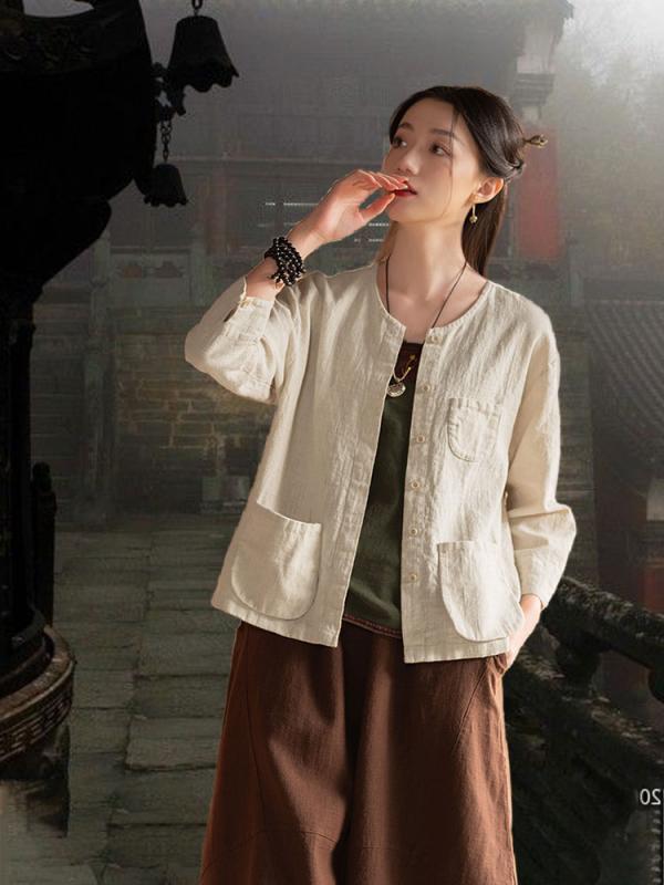 レディース チャイナ風 リネン トップスジャケット 楽ちん ゆったり 瞑想服 春夏 中国 綿 リネン トップス 瞑想 瞑想 服 仏教 礼拝 瞑想 私服