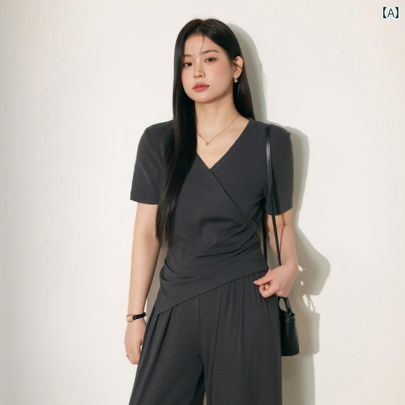 レディース 婦人服 大きめサイズ ゆったり ぽっちゃり シャツ 半袖 Ｖネック パンツ ストレート スタイリッシュ