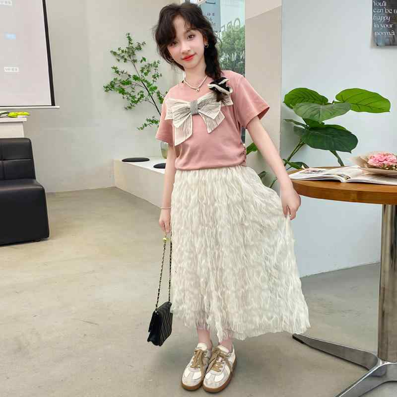 子供服 セットアップ トップス シャツ ロング スカート レース セット ガーゼ 女の子 スリム 半袖 キッズ 夏 子供