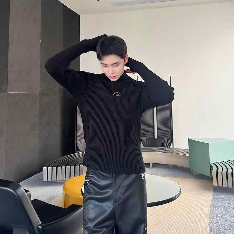 メンズ 秋 冬 韓国 スリム ソリッドカラー ハーフ タートルネックセーター ハイエンド タイトフィット ボトム セーター
