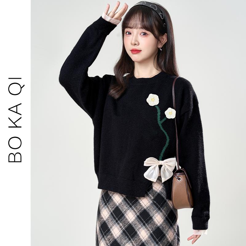 レディース ファッション 春秋 ラウンドネック フラワーリボン ショート セーター 女性 ガーリー カレッジ スリット プルオーバー セーター