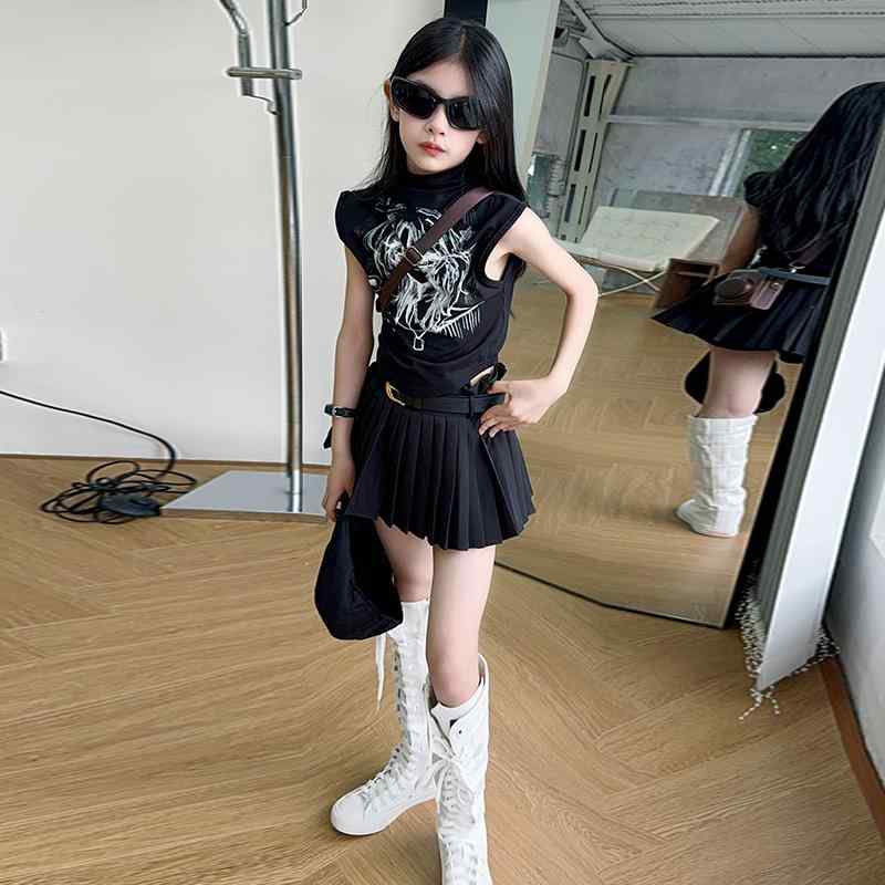 子供服 女の子 Tシャツ タンクトップ へそ出し ミニスカート コスチューム バンド ダンス ヒップホップ ストリート系 パフォーマンス 衣装 クール かっこいい キッズ