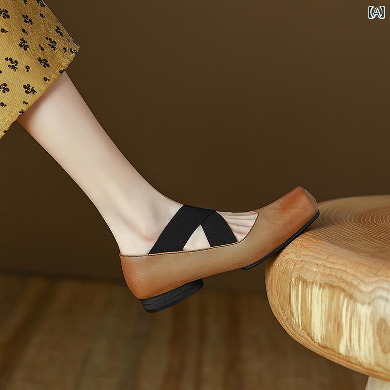 レディース パンプス メリージェーン 女性 レトロ スクエアトゥ フラットボトム フェアリー スタイル クロス ストラップ 豚 鼻 バレエ シューズ