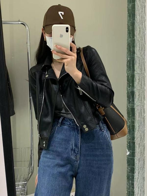 ジャケット 秋 長袖 アウター かっこいい ジッパー 黒 PU レザー オートバイ ショート スモール トップス 女性