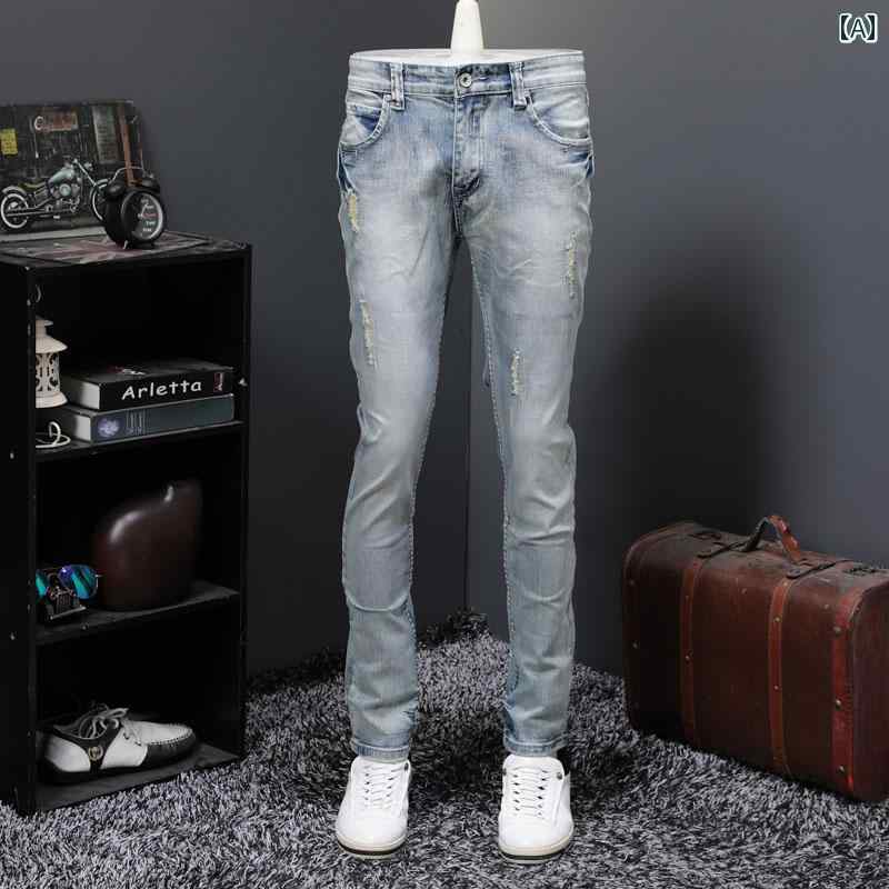 メンズ パンツ デニム ボトムス ズボン 春秋 レトロ ウォッシュ リップド ジーンズ 弾性 スリムフィット アメリカ ロング