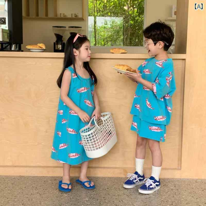子供服 男の子 女の子用 スーツ 夏 レター グラフィティ Tシャツ 半袖 ショーツ イン ベビー ストリート 兄弟 姉妹 衣装