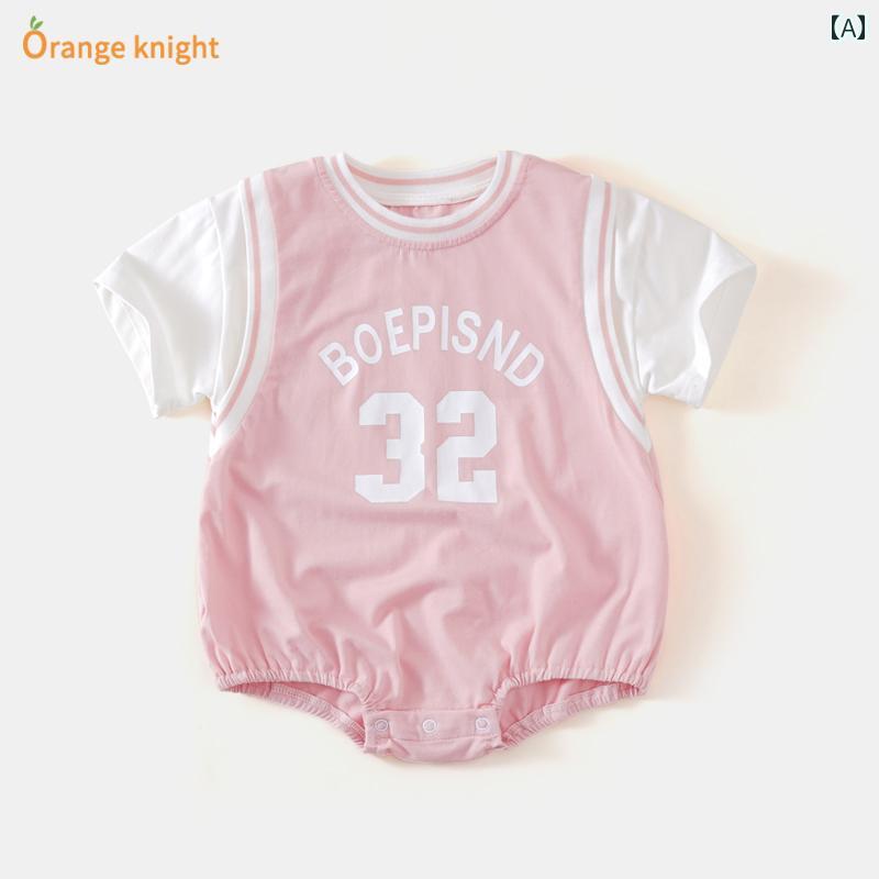 ロンパース ベビー 夏服 ジャンプ スーツ かわいい 赤ちゃん ジャージ 女の子 スポーツ ハーネス 綿 三角 フェイク ツーピース 半袖 ワンピース 薄手