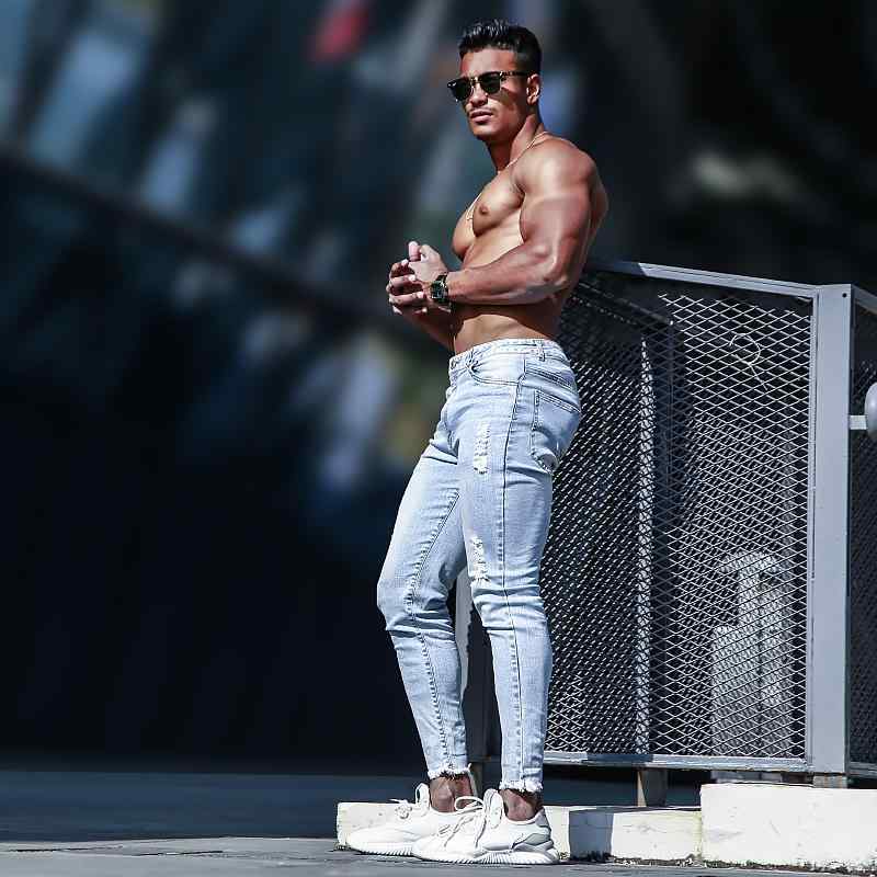 パンツ フィットネス メンズ マッスル スポーツ 筋トレ 兄貴 リップド スクワット ストレッチ デニム タイト 九分丈｜セキュアデポ