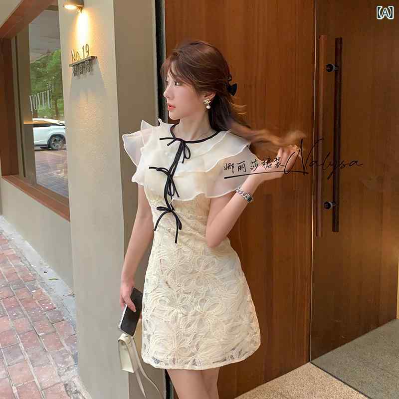 レディース ワンピース フレンチ ドレス リッチ 娘 ショート a ライン スカート ウエスト スリム フリル 小 香り レース