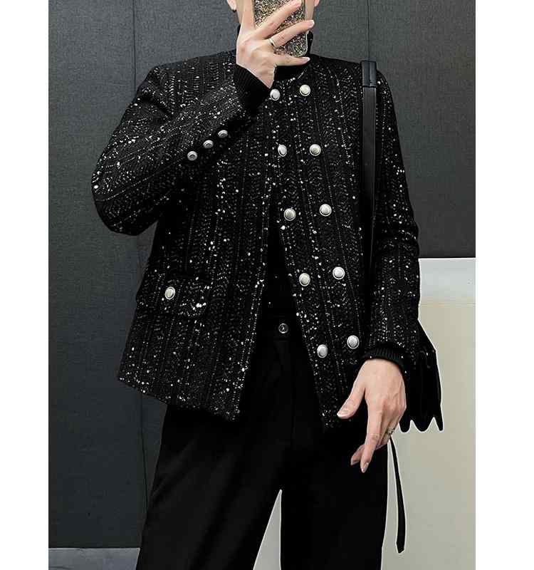 ジャケット メンズ おしゃれ着 秋冬 フレンチ スパンコール キラキラ フレグランス ジャケット 豪華感 ダブルブレスト ショルダーパッド ラウンドネック ジャケット