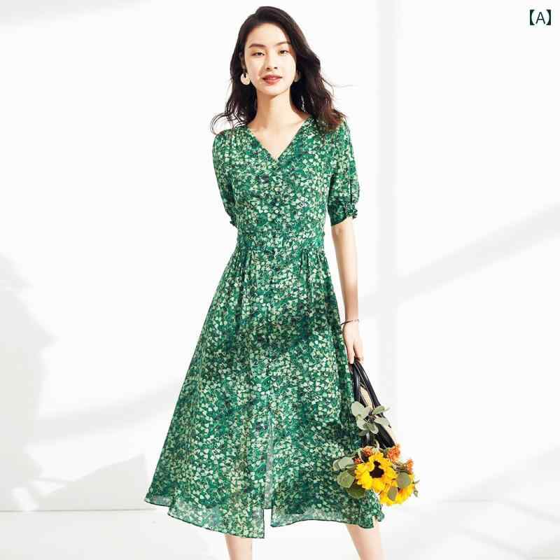 レディース 夏 サマー ワンピース きれいめ 上品 婦人服 マザーズ ハイエンド V ネック ミドル丈 クレープ デシン ウエスト スリム グリーン ドレス