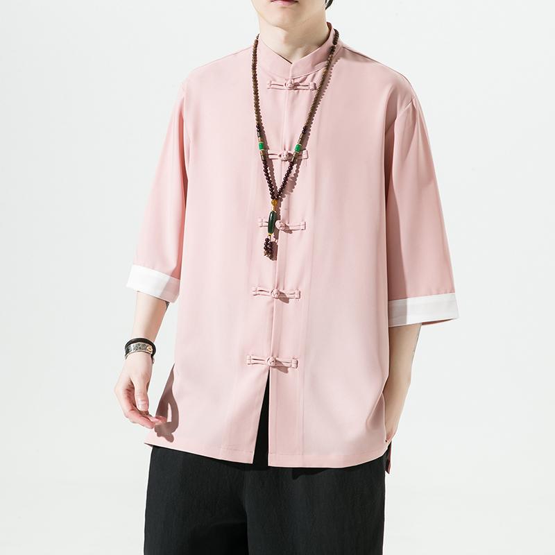 トップス メンズ 中国風 ファッション チャイナ風 夏 ひんやり 涼しい 快適 唐 漢服 薄手 半袖 四分袖シャツ 夏 大きめサイズ