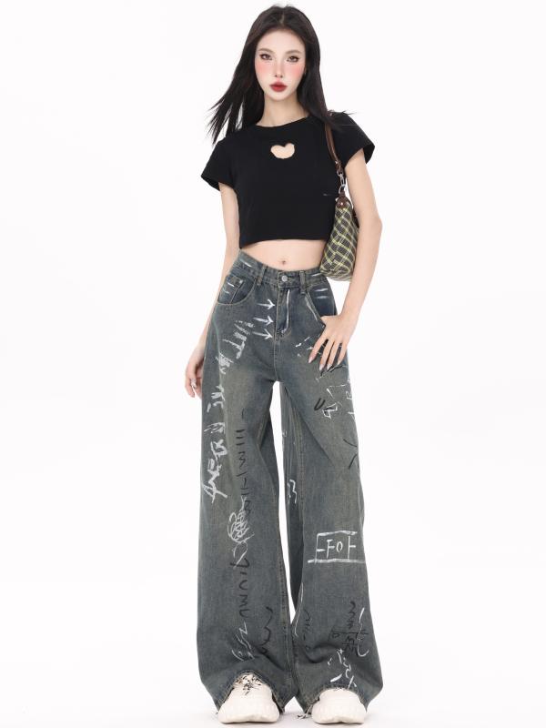 デニム パンツ レディース 韓国 春夏 落書き プリント ジーンズ ハイウエスト ストレート ワイドレッグ フルレングス パンツ オールシーズン ロング カジュアル おしゃれ