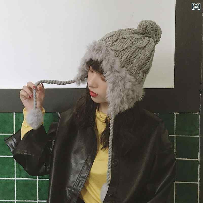 レディース 帽子 ウサギ 毛 耳保護 裏起毛 ロシア 冬 かわいい ボール 暖かい ニット 厚い 秋