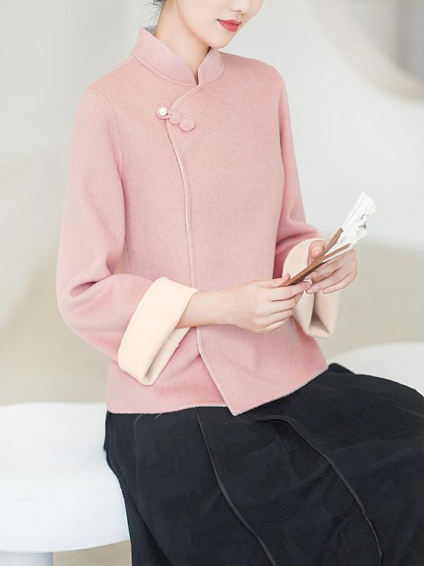 ドレス レディース 秋 冬 ウール ファッション 中華風 女性 中華風 バックル チャイナ 唐 スーツ ピンク 両面 ショート トップス