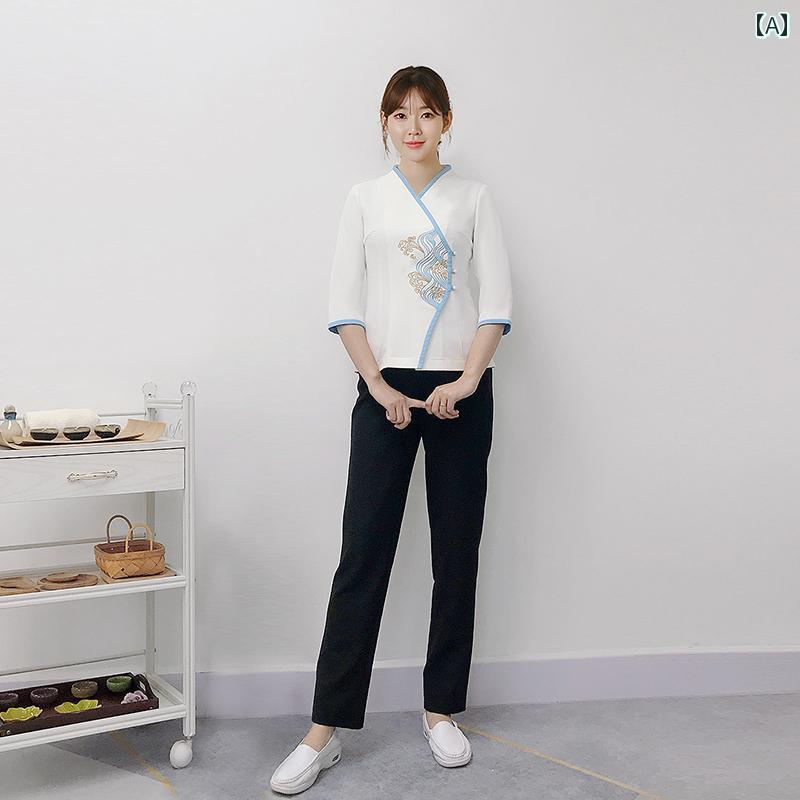 エステ ユニフォーム レディース 七分袖 泊まり レディース 料理茶屋 ロングズボン下 制服 給仕 ポリエステル衣料繊維 茶屋 か細い ユニフォーム 中華 ダイエット・健康-エステユニフォーム