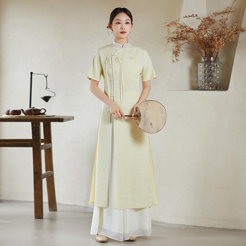 チャイナドレス アオザイ トップス スーツ ロング チャイナ ドレス 漢服 レトロ ジャケット 総柄 中国風 春夏 レディース 清楚 涼しい かわいい 婦人服 レディース