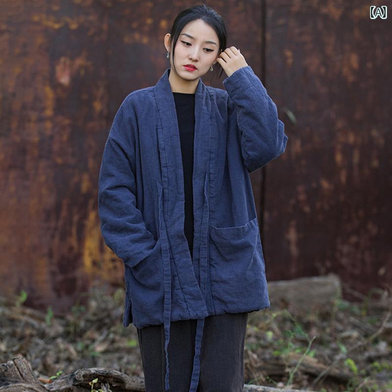 レディース 修行 瞑想服 秋冬 コート 仏教 僧服 寺院 瞑想 リネン コットン コート フライドカラー キルティング タイダイ パンツ サンドウォッシュ｜セキュアデポ