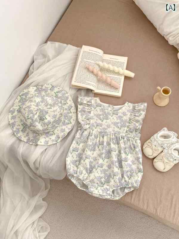ロンパース ベビー服 新生児 夏用 ジャンプ スーツ かわいい 赤ちゃん 花 女児 夏服 フライング 袖 カーキ 夏な 外出着