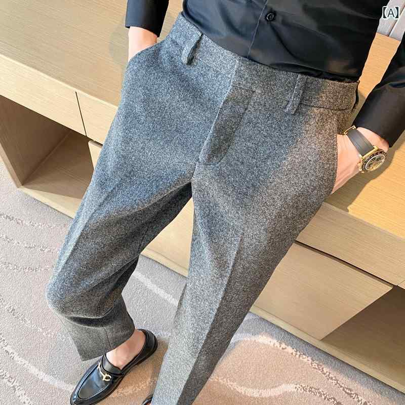 パンツ スラックス メンズ ウール 素材 秋冬 厚手 スーツ ウール カジュアル スリム ストレート ビジネス スーツ