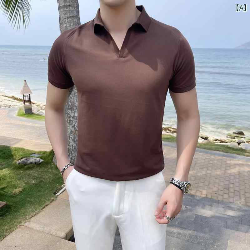 トップス ポロシャツ メンズ カジュアル Vネック 半袖 夏 冷感 ハイエンド 大人 安定 ビジネス ハイエンド スリム Tシャツ