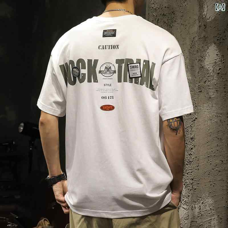 トップス シャツ Tシャツ メンズ カジュアル ストリート ゆったり アメリカ 半袖 夏 男性用 白 プリント ファッション 綿 スポーツ